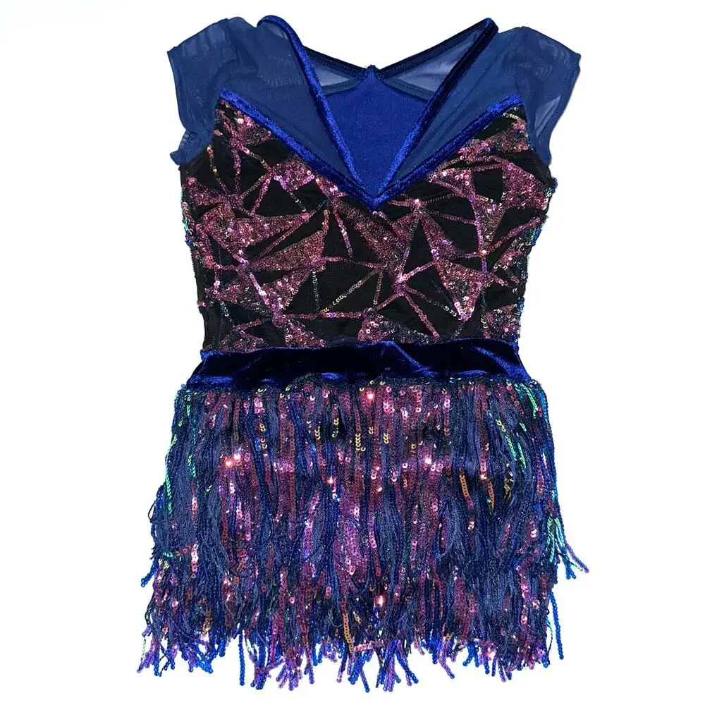 Weissman Showtime Girls ‘Misbehave’ Dance Blue Velvet Sequin Fringe Dress SC